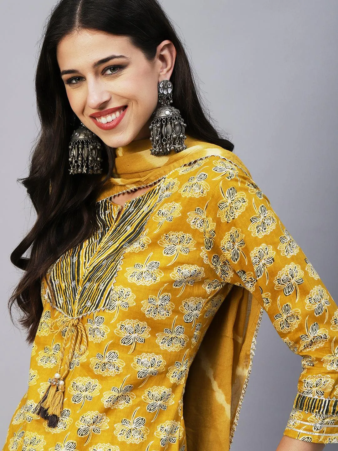 Floral Block Printed Zari Embroidered Kurta With Lehriya Pants & Dupatta - Mustard