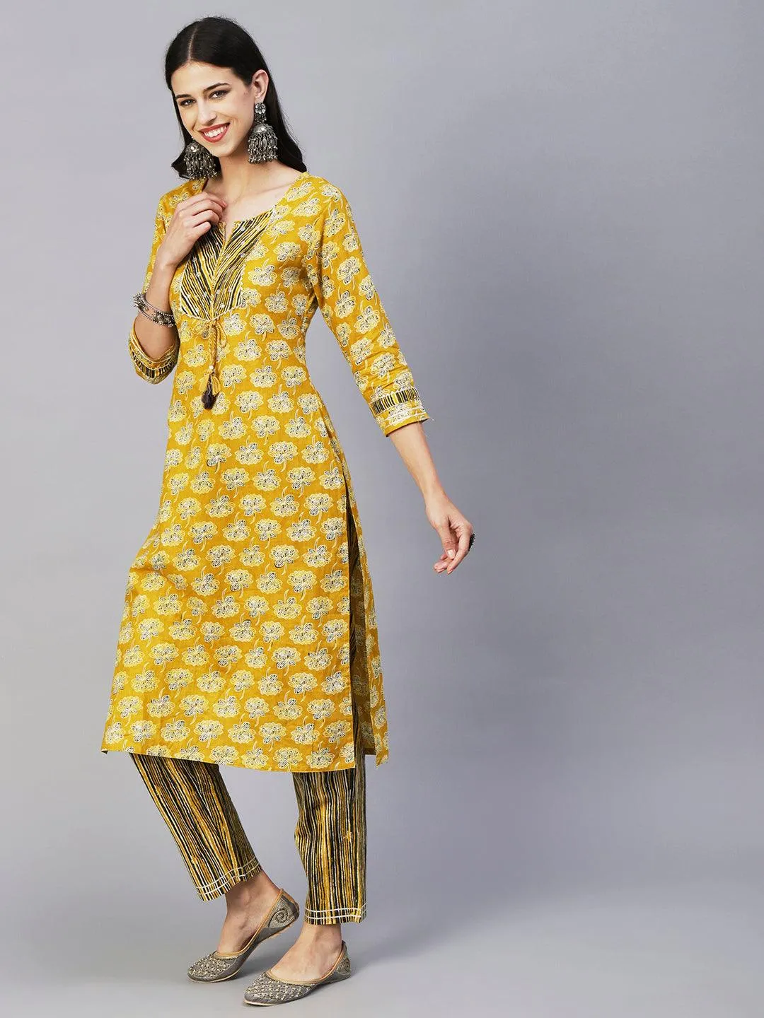 Floral Block Printed Zari Embroidered Kurta With Lehriya Pants & Dupatta - Mustard