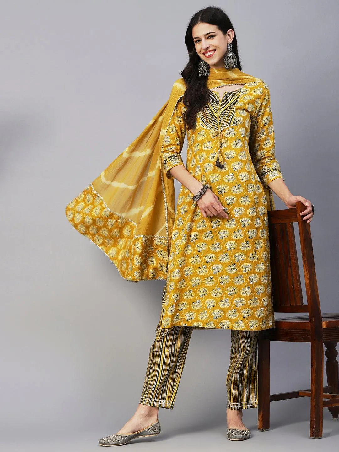 Floral Block Printed Zari Embroidered Kurta With Lehriya Pants & Dupatta - Mustard