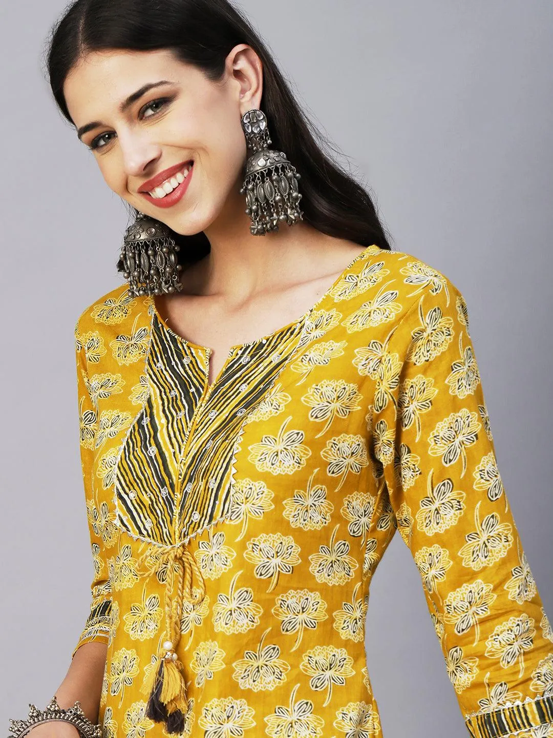 Floral Block Printed Zari Embroidered Kurta With Lehriya Pants & Dupatta - Mustard