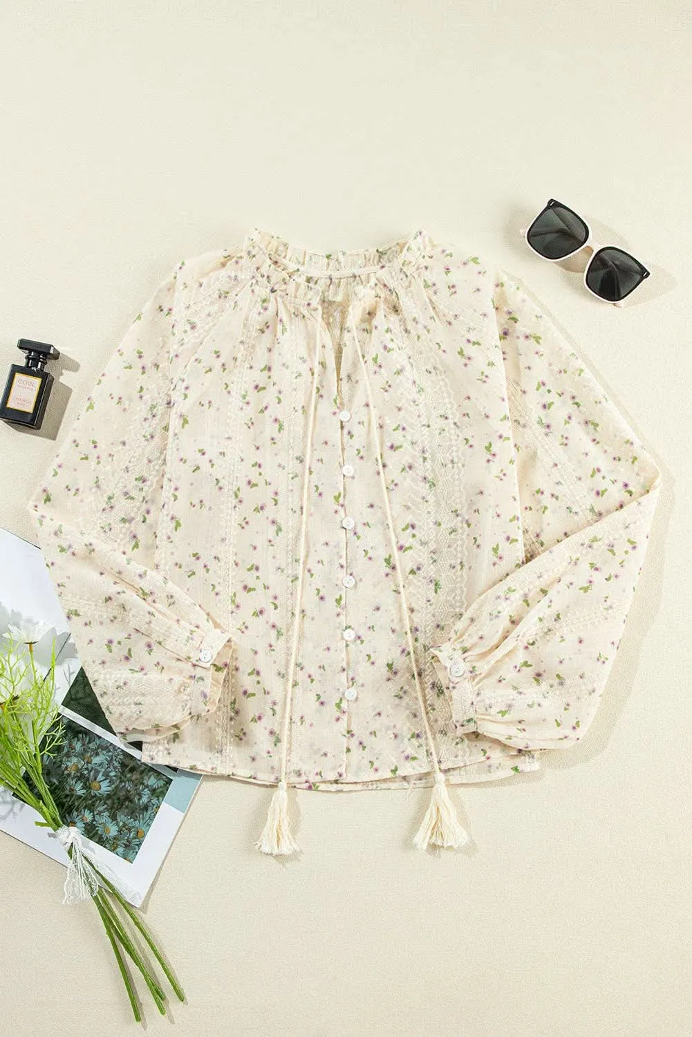 Floral Embroidered Bubble Sleeve Shirt