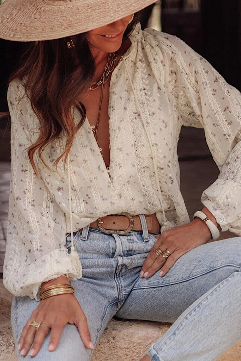 Floral Embroidered Bubble Sleeve Shirt