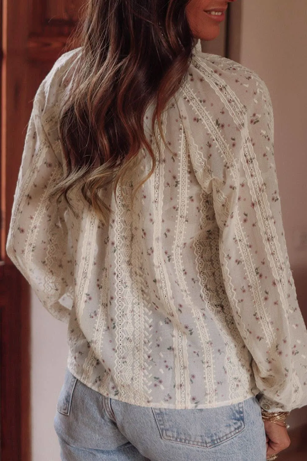 Floral Embroidered Bubble Sleeve Shirt