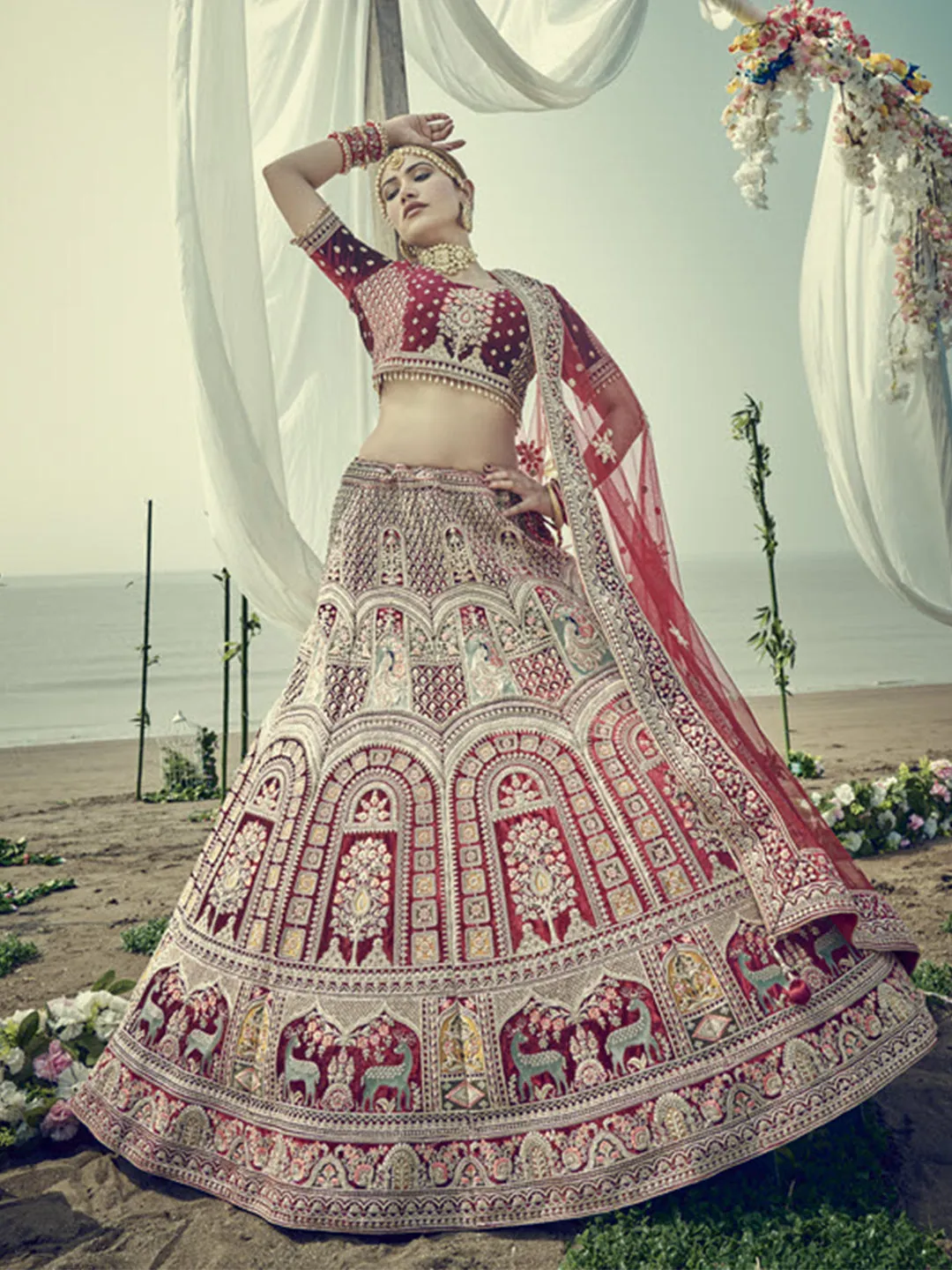 Fully Embroidered Maroon Bridal Lehenga with net dupatta