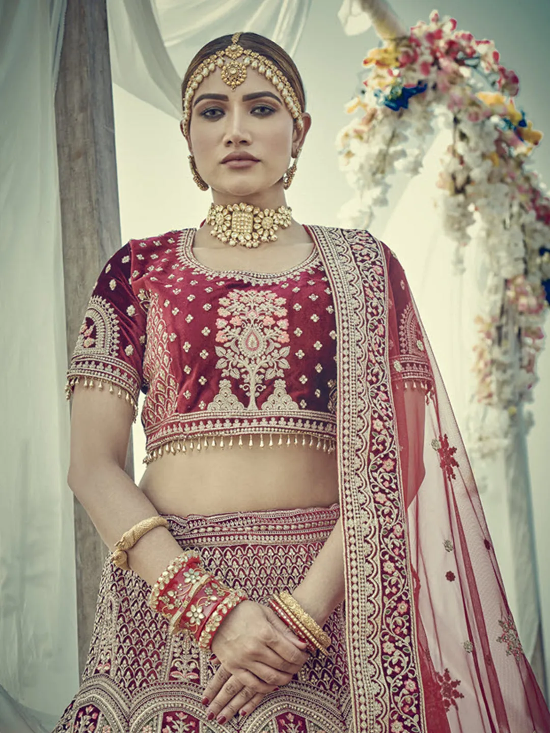 Fully Embroidered Maroon Bridal Lehenga with net dupatta