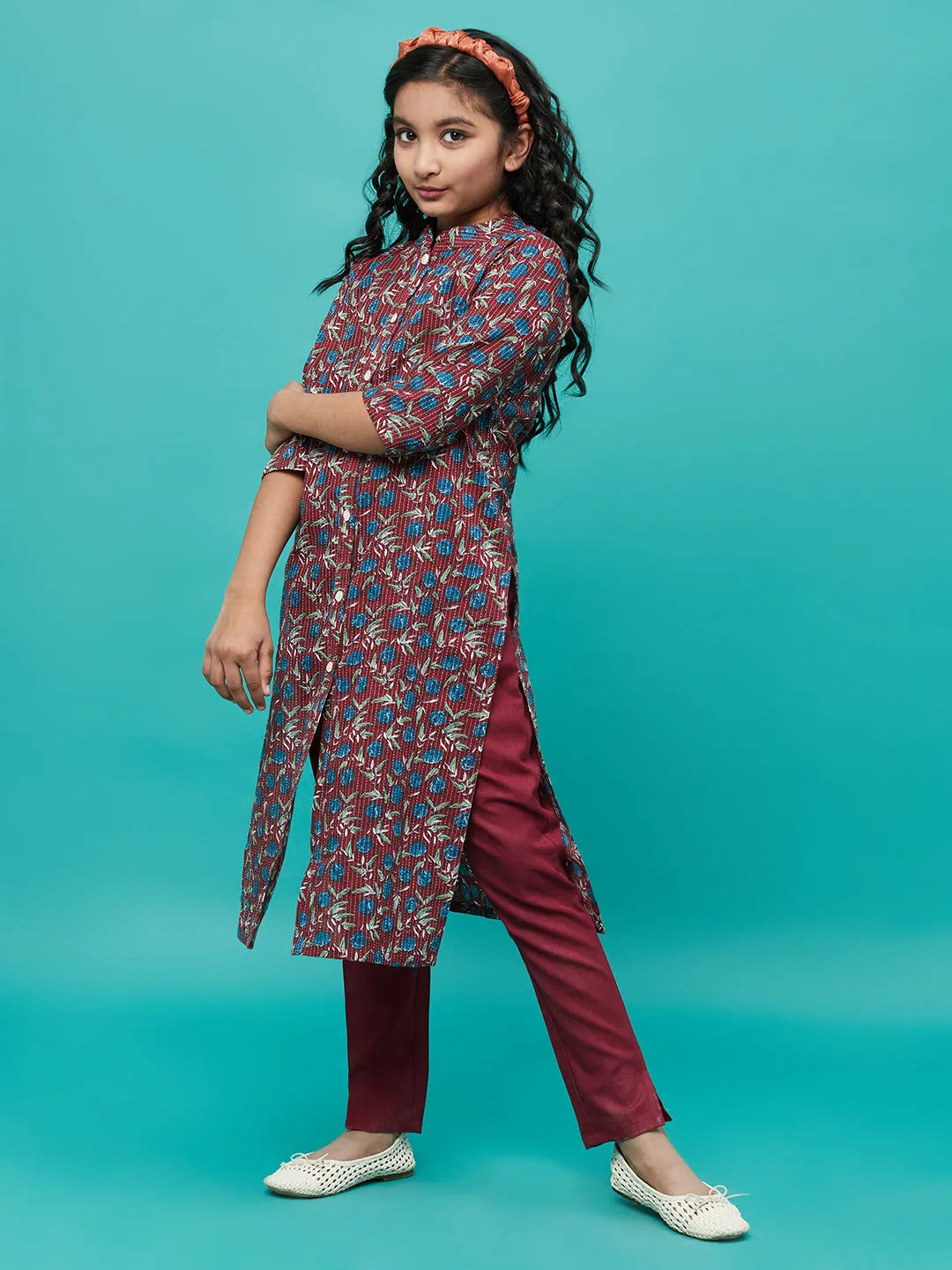 Girl's Maroon Floral Print Button Down Kurta With Pant - Aks Girls