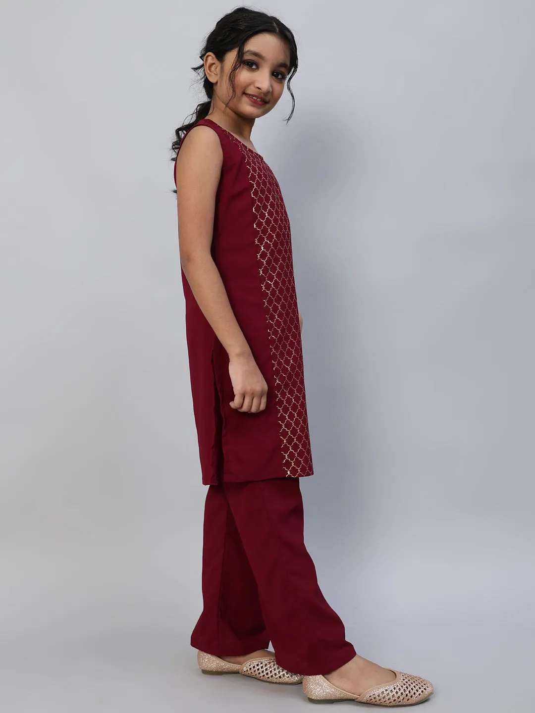 Girl's Maroon Foil Printed Kurta With Palazzo - Aks Girls