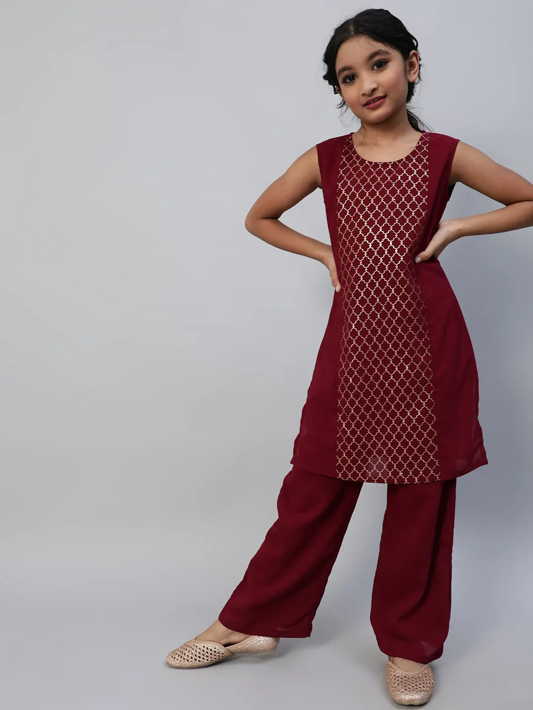 Girl's Maroon Foil Printed Kurta With Palazzo - Aks Girls