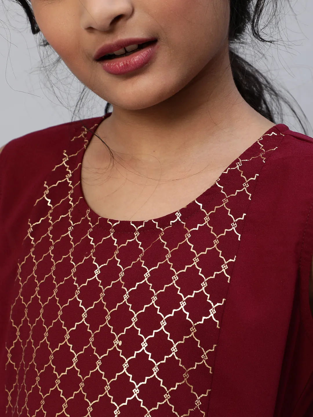 Girl's Maroon Foil Printed Kurta With Palazzo - Aks Girls