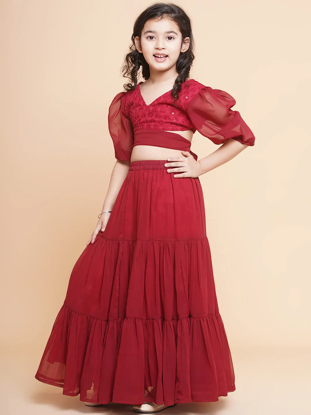 Girls Maroon Poly Georgette Embroidered Sequinned Choli Ready To Wear Lehenga - Bitiya By Bhama