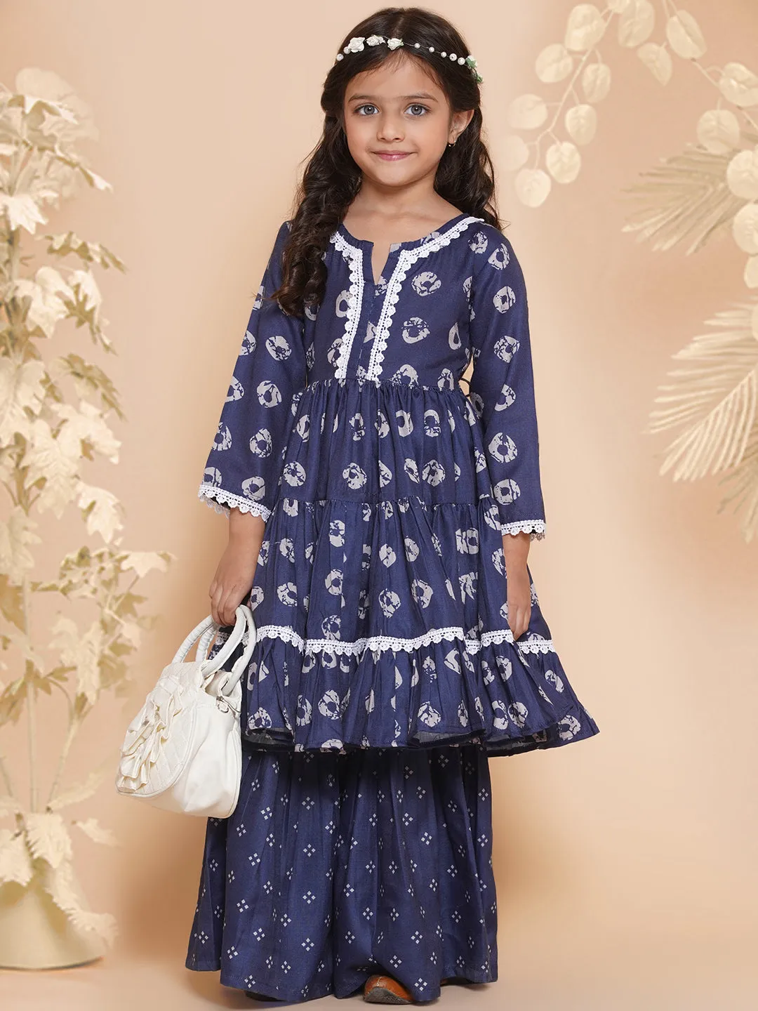 Girl's  Navy Bandhani  Printed With Cotton Lace Kurta With Sharara - Bitiya By Bhama