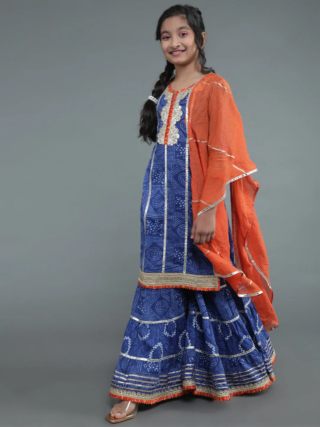 Girl's Navy Blue Bandhani Print Kurta Sharara With Dupatta - Aks Girls