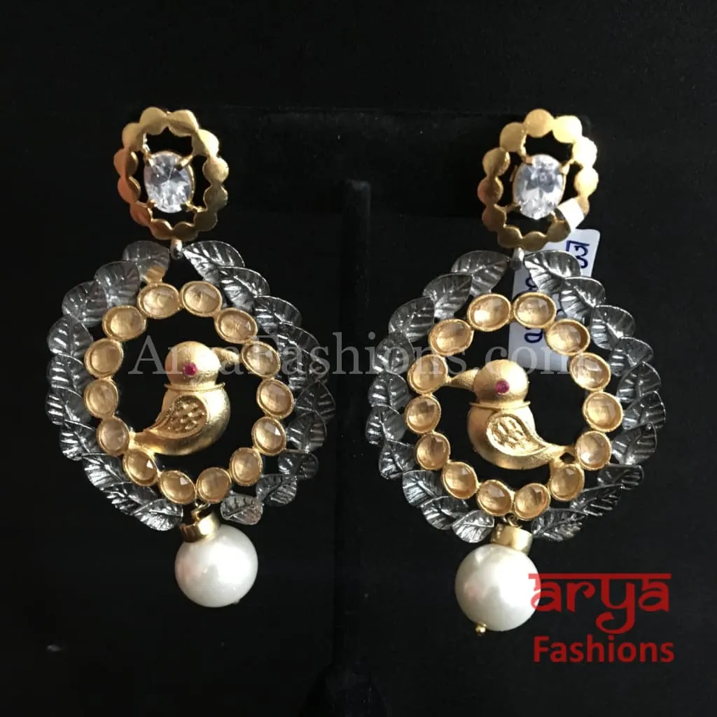 Gray Golden Two Tone Kundan Pearl Bird Earrings