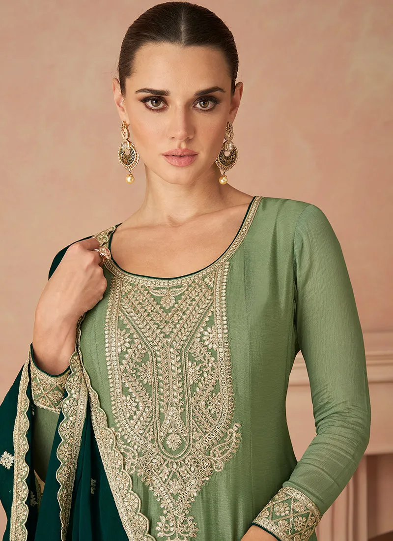 Green Two Tone Cording Embroidered Pant Style Suit