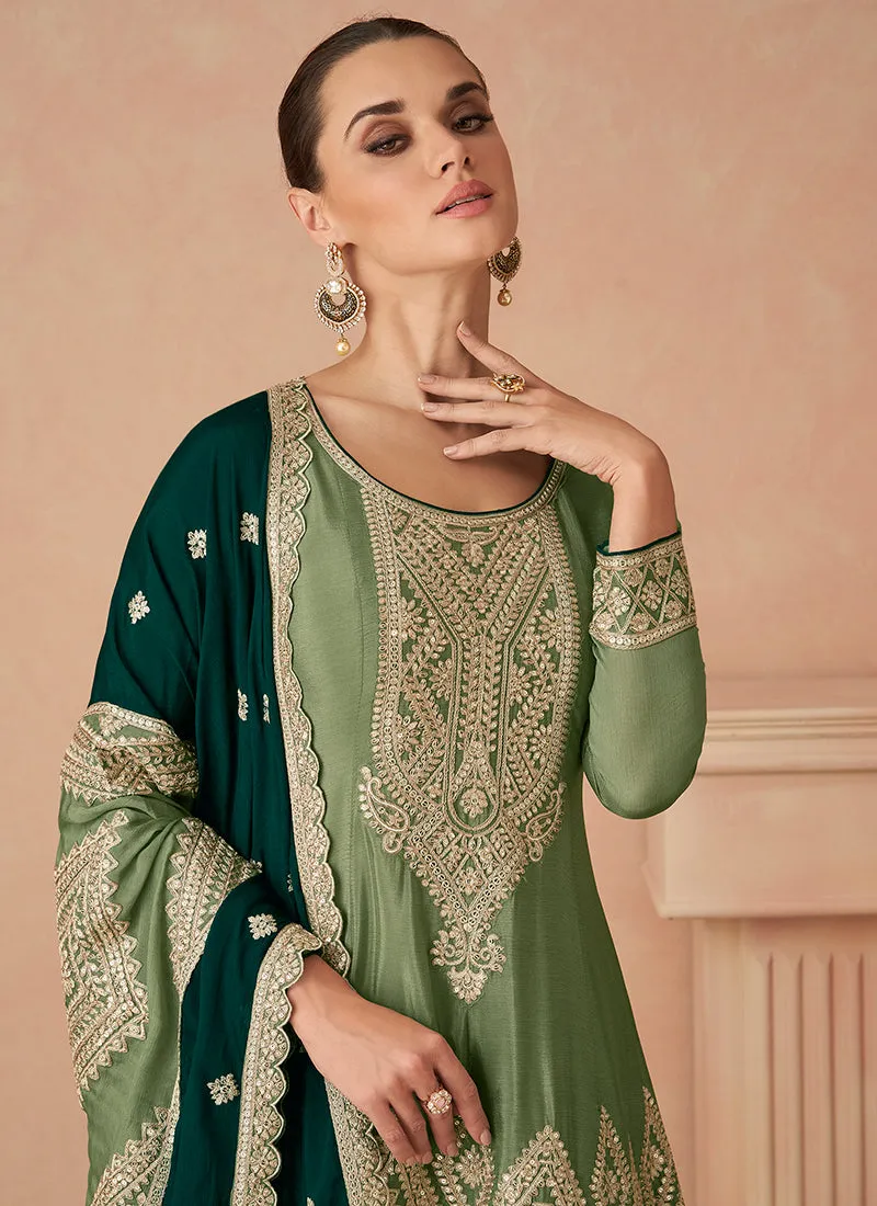 Green Two Tone Cording Embroidered Pant Style Suit