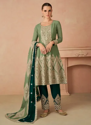 Green Two Tone Cording Embroidered Pant Style Suit