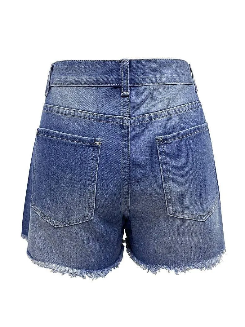 High Waist Distressed Washed Denim Shorts SKS58033