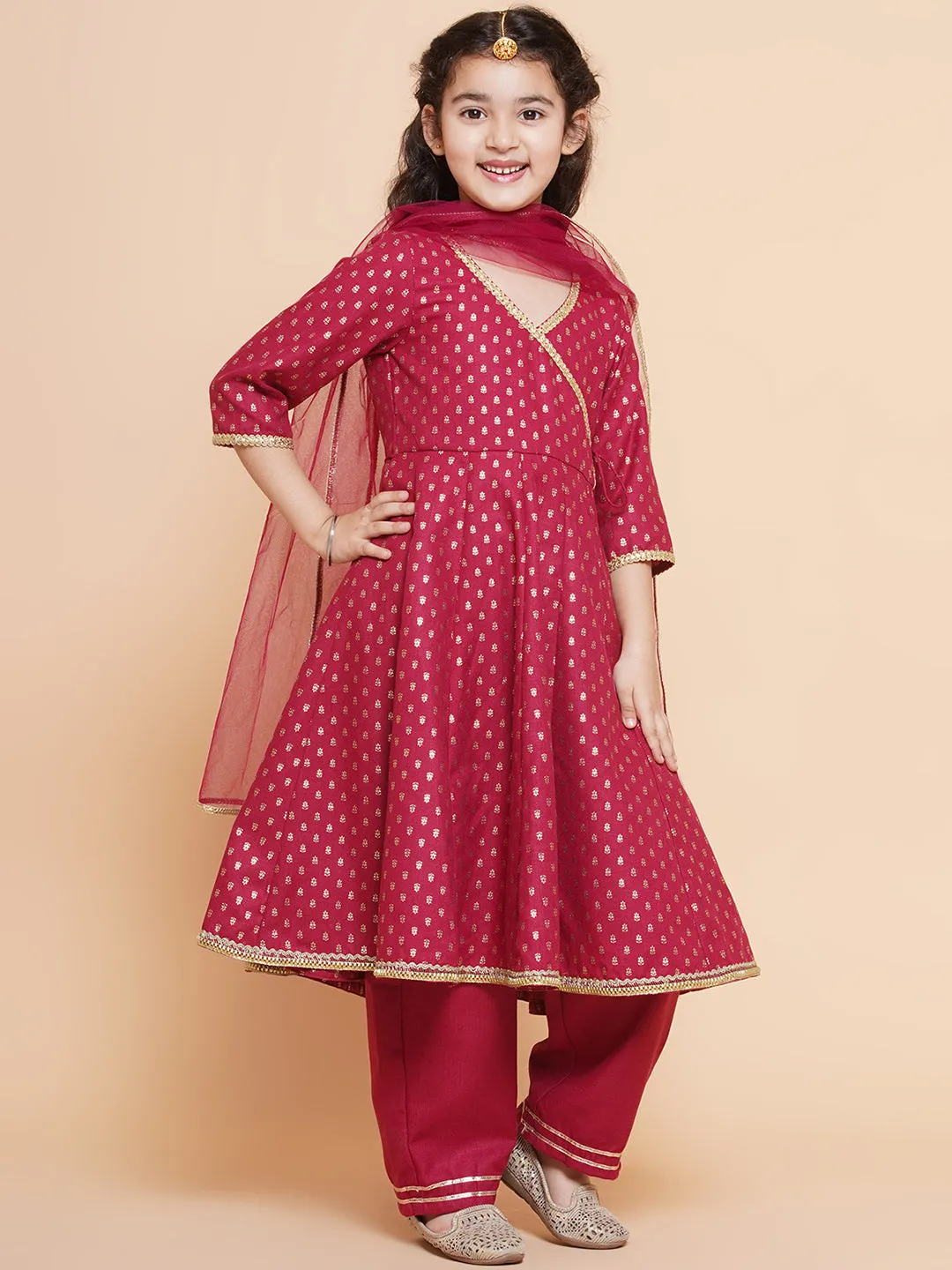 Jashvi Girls Maroon Ethnic Motifs Printed Angrakha Cotton Kurta With Trouser & Dupatta