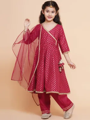 Jashvi Girls Maroon Ethnic Motifs Printed Angrakha Cotton Kurta With Trouser & Dupatta