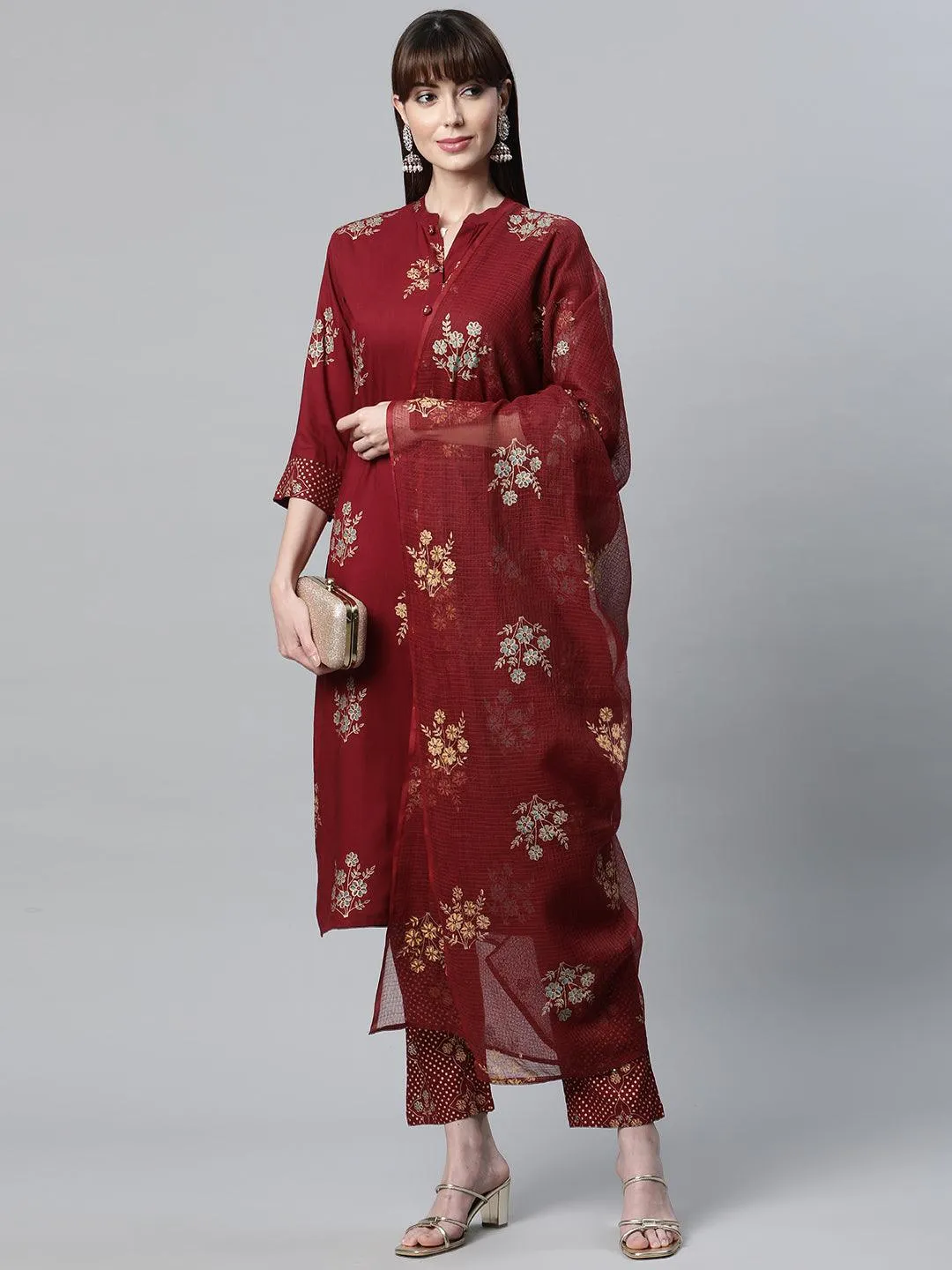 Jashvi Maroon Rayon Kurta Pant Set with kota doria Dupatta