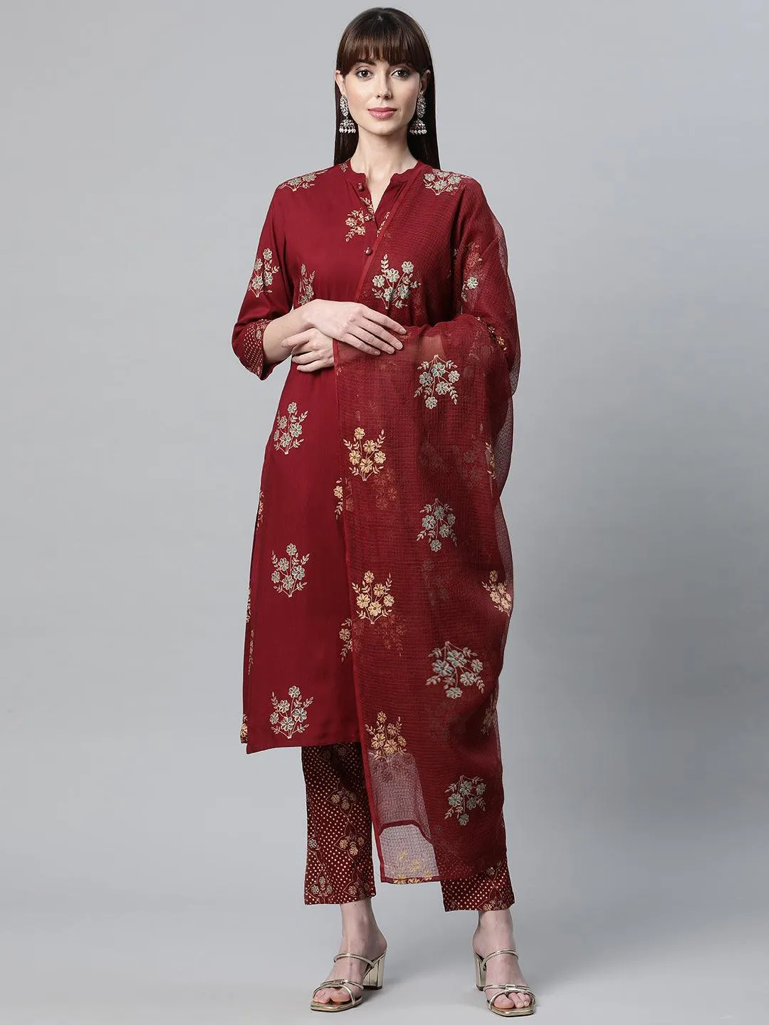 Jashvi Maroon Rayon Kurta Pant Set with kota doria Dupatta