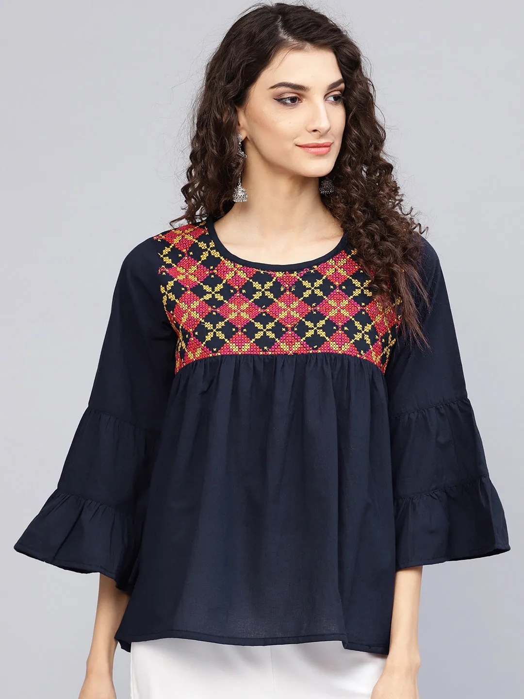 Jashvi Navy Blue Embroidered A-Line Top