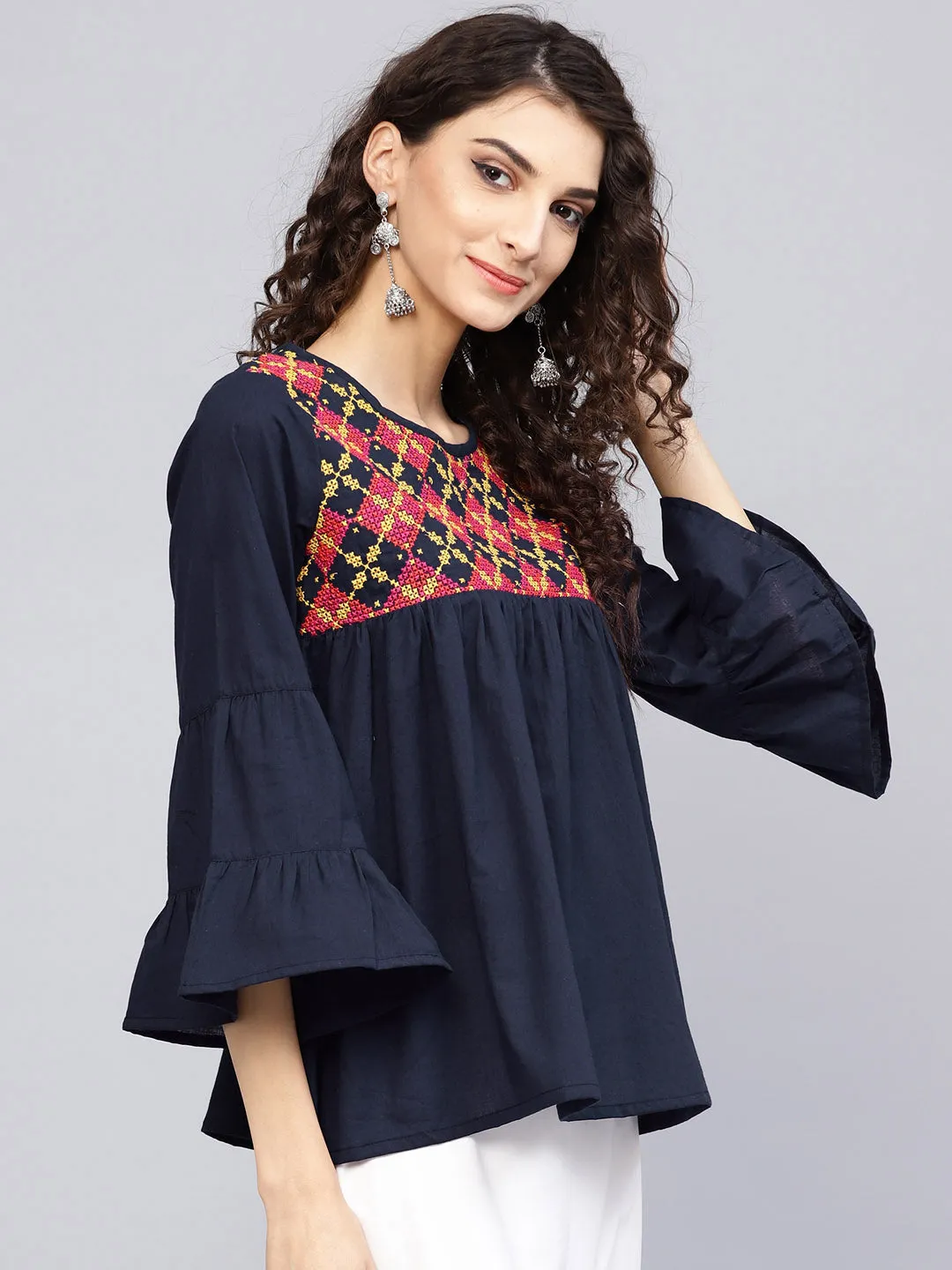 Jashvi Navy Blue Embroidered A-Line Top