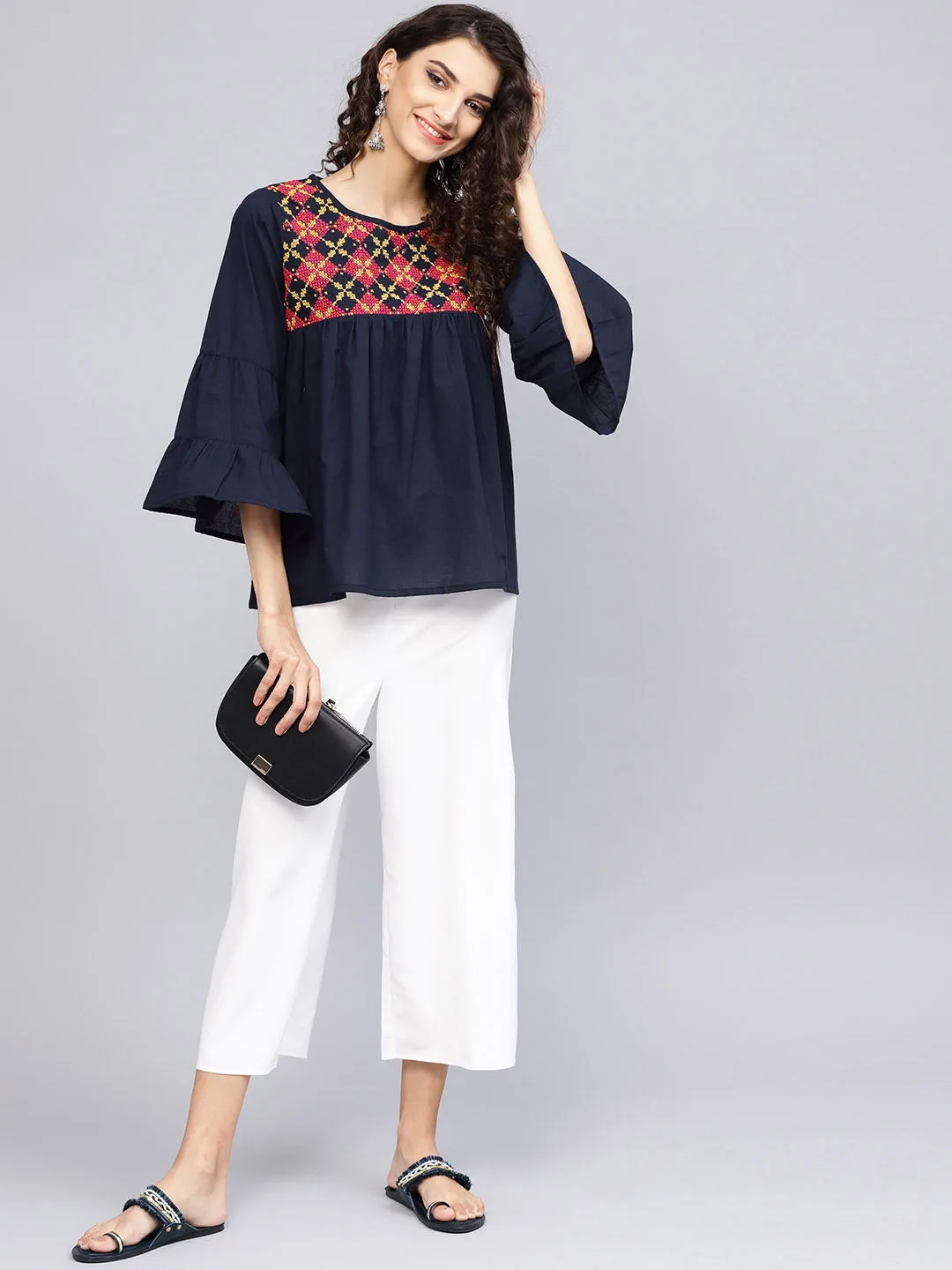 Jashvi Navy Blue Embroidered A-Line Top