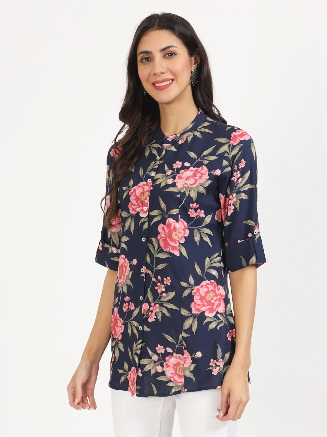 Jashvi Navy Blue Floral Printed Rayon Top