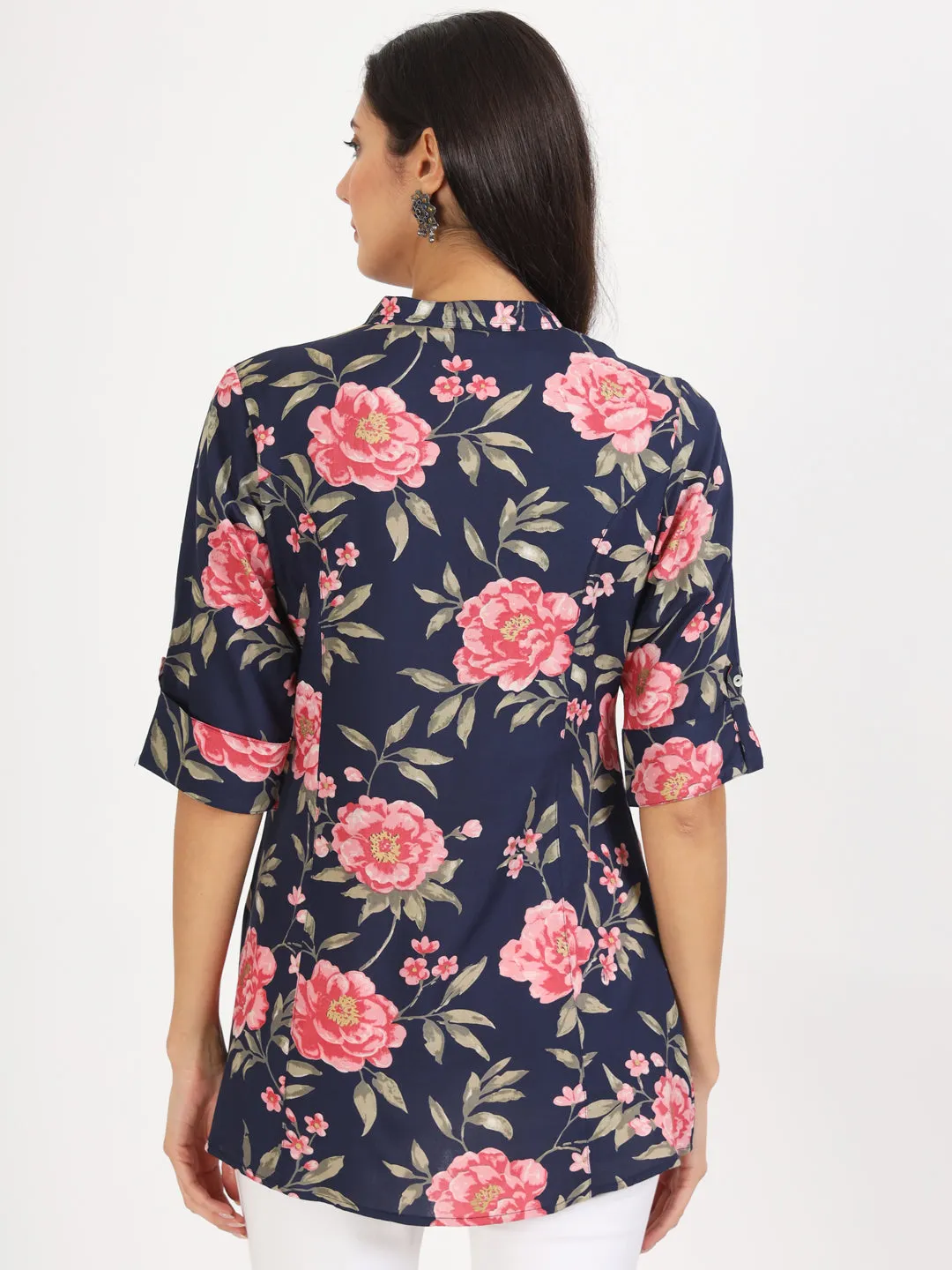 Jashvi Navy Blue Floral Printed Rayon Top