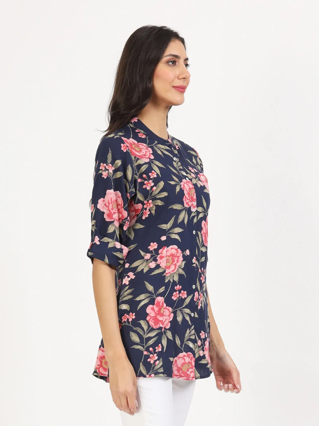 Jashvi Navy Blue Floral Printed Rayon Top