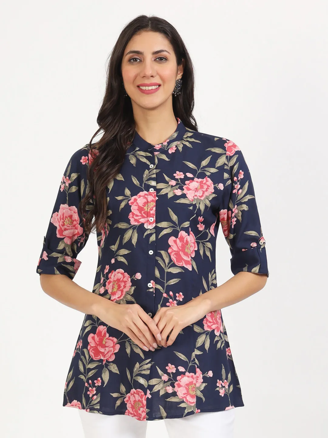 Jashvi Navy Blue Floral Printed Rayon Top