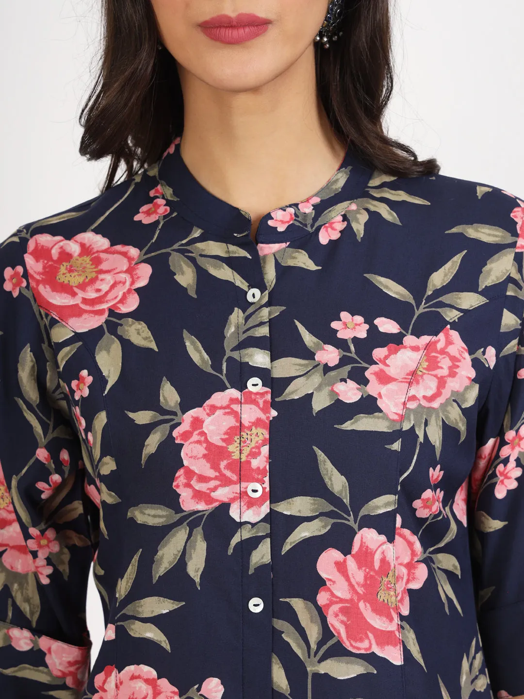 Jashvi Navy Blue Floral Printed Rayon Top