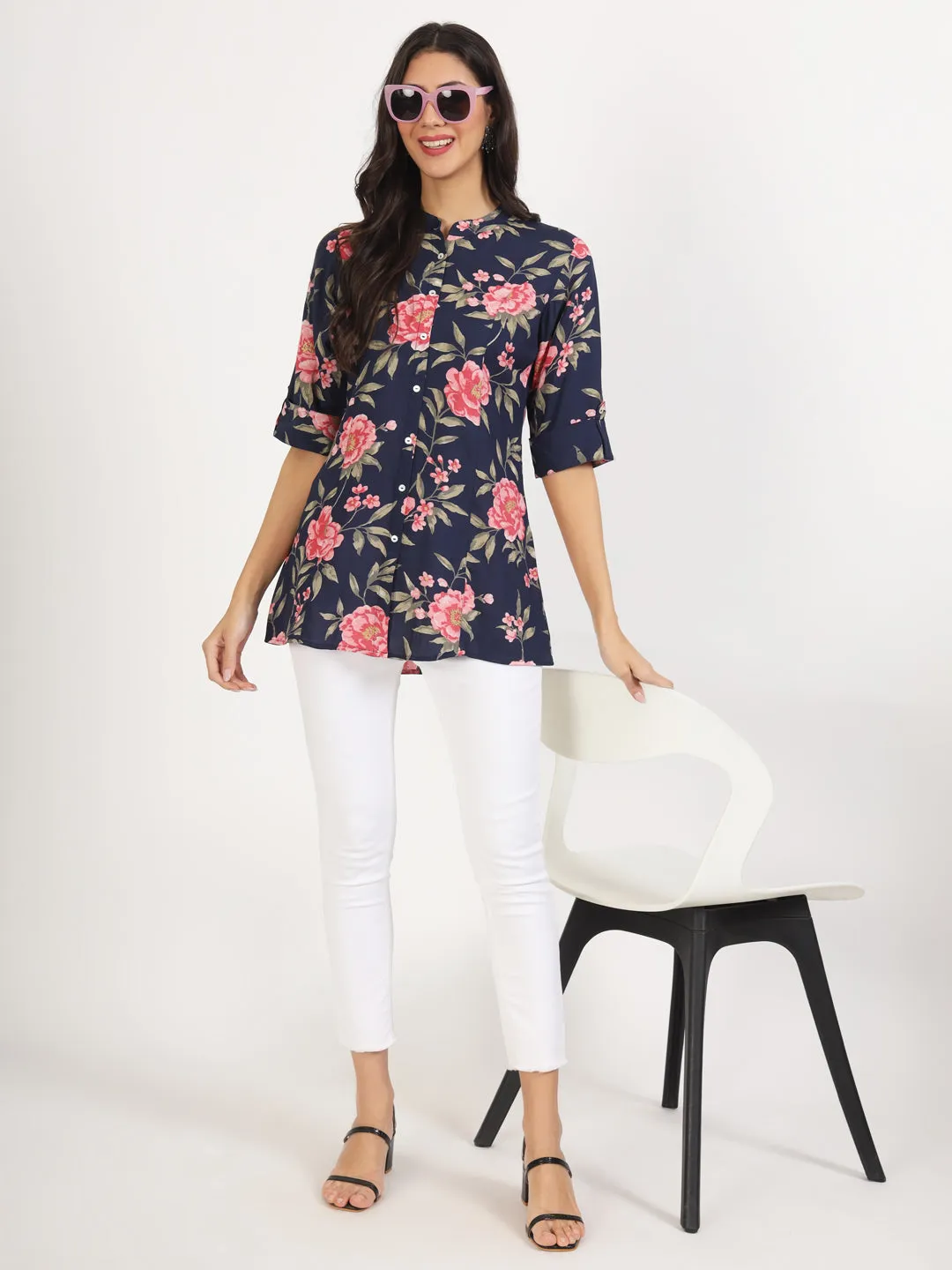 Jashvi Navy Blue Floral Printed Rayon Top