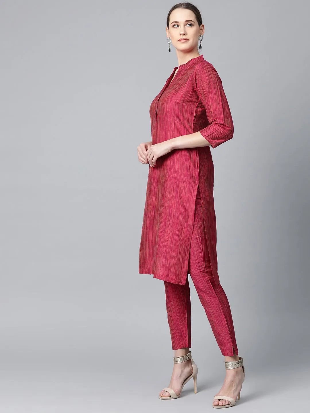 Jashvi Women Pink & Beige Self-Striped Kurta with Trousers & Dupatta