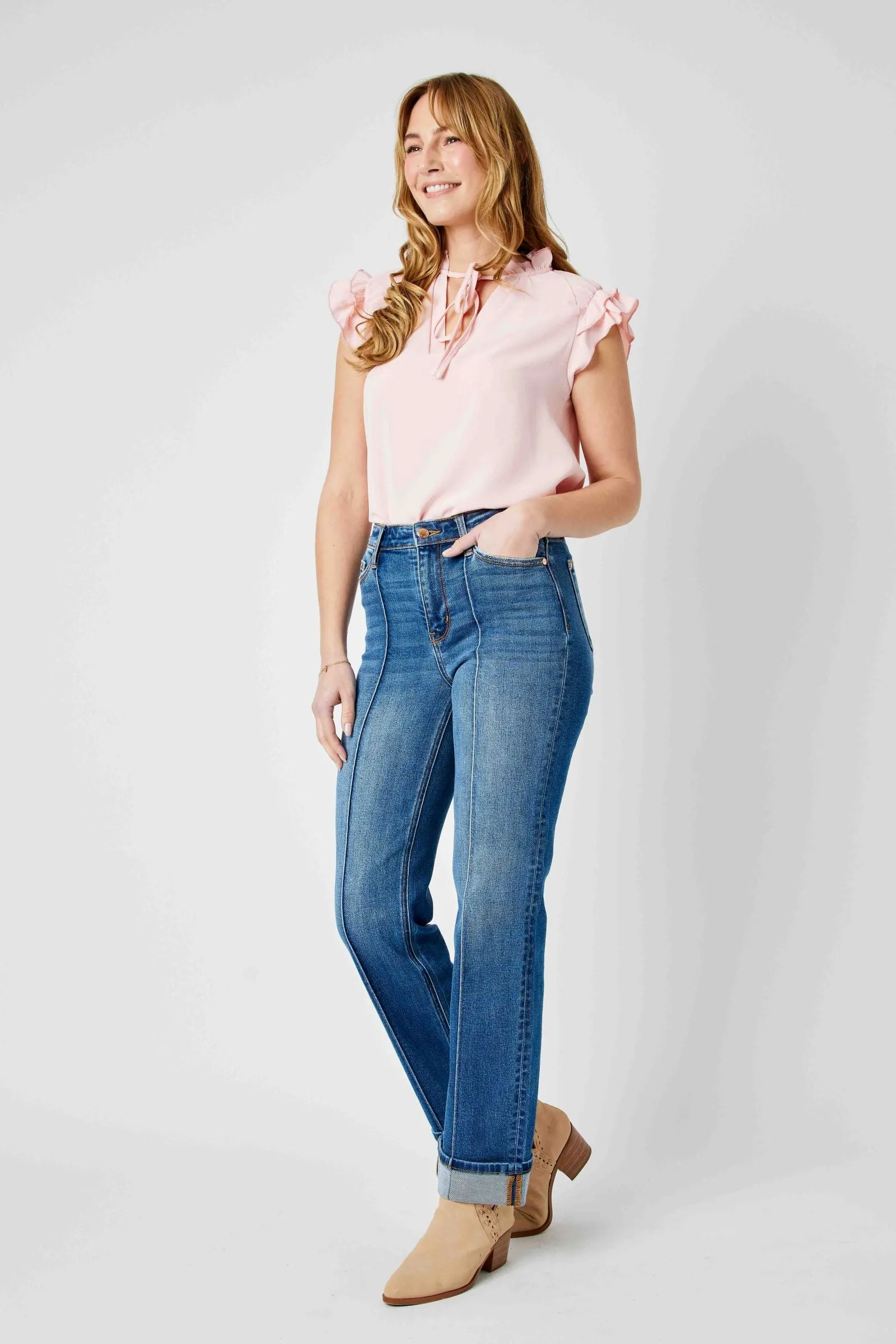 Judy Blue High Waist Front Seam Detail & Cuffed Straight Denim 82571