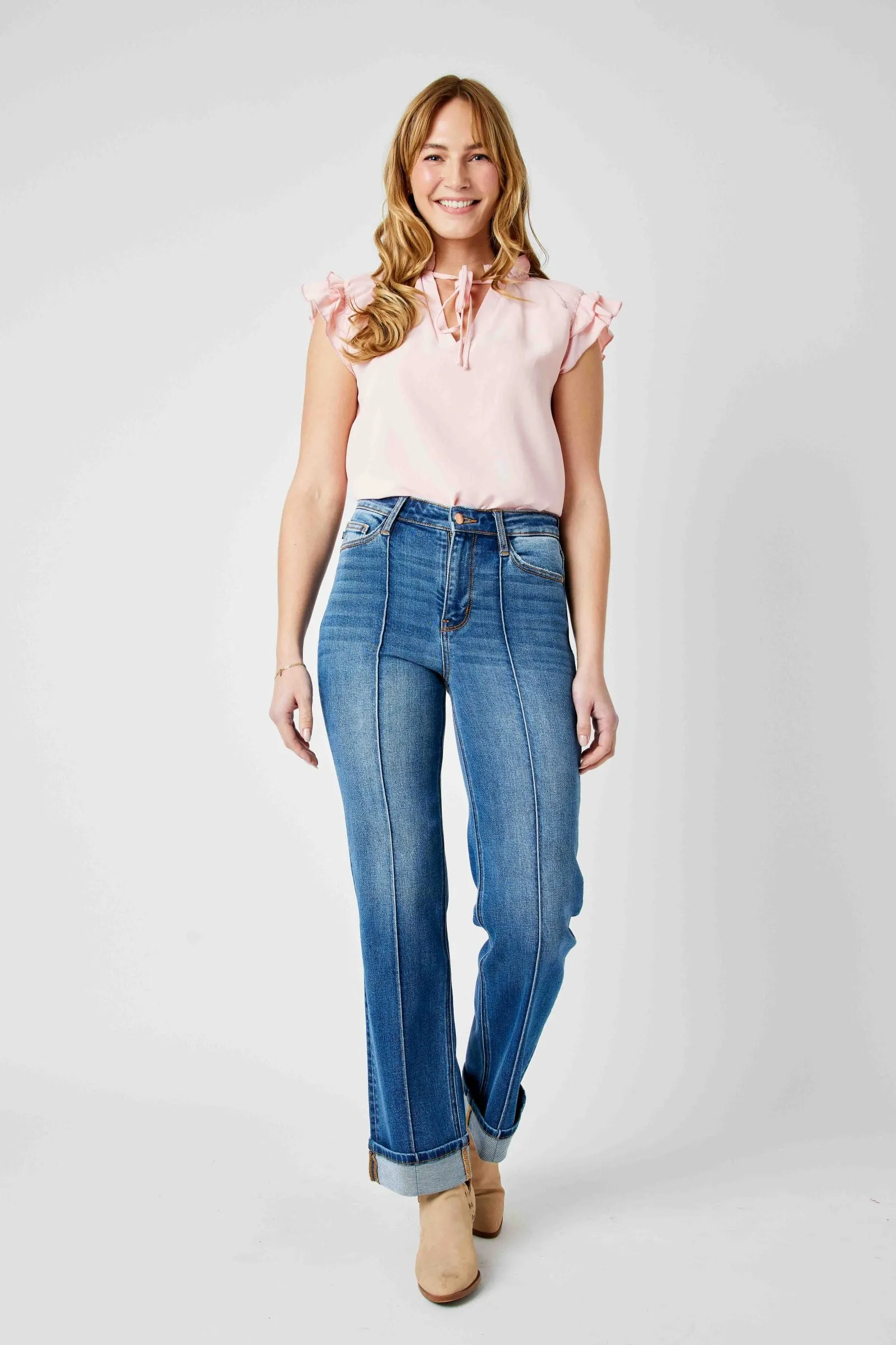 Judy Blue High Waist Front Seam Detail & Cuffed Straight Denim 82571