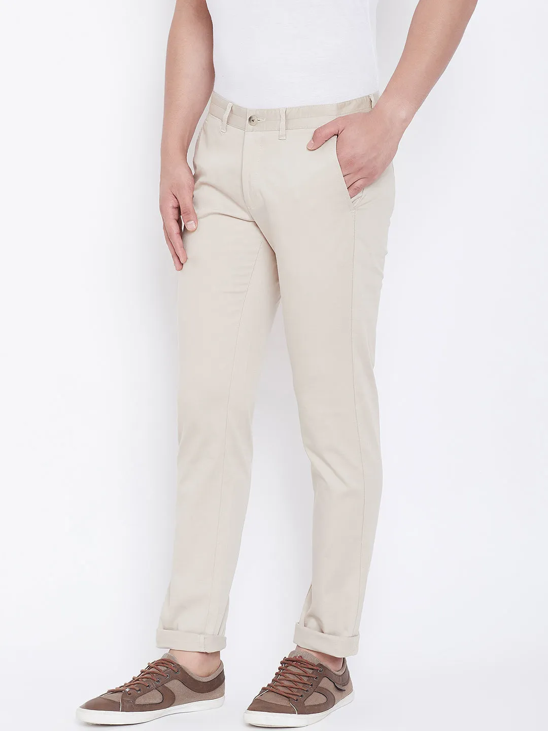 JUMP USA Men Cream Regular Fit Solid Trousers