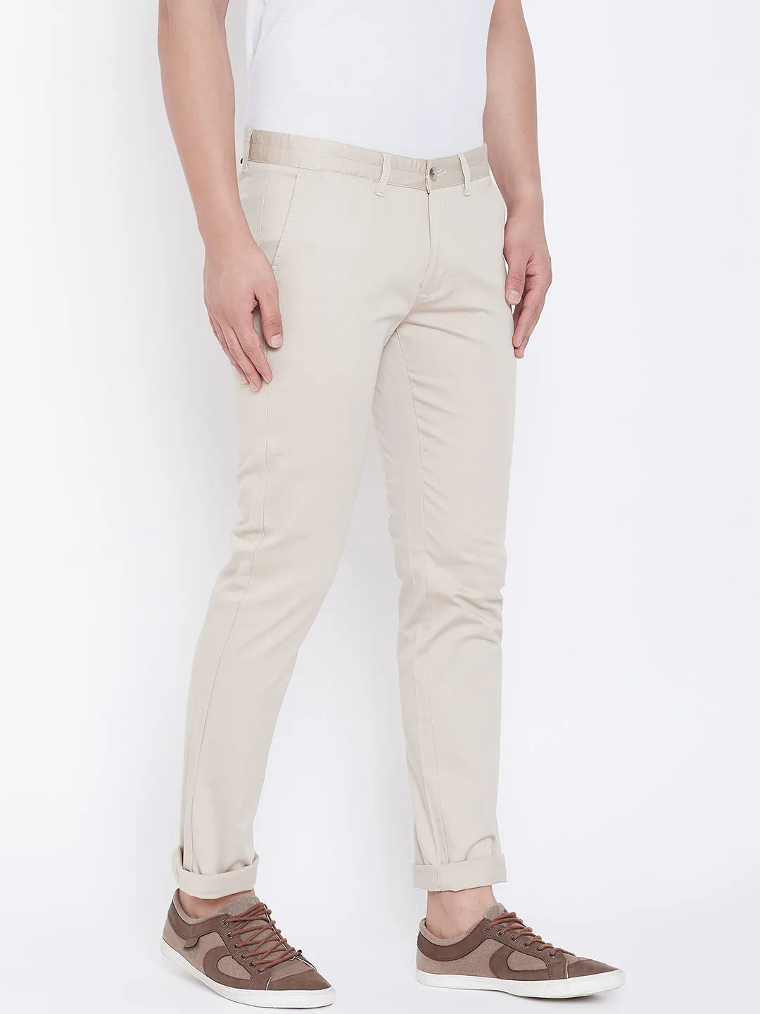 JUMP USA Men Cream Regular Fit Solid Trousers