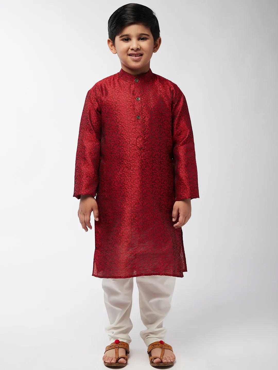 Kid's Jacquard Silk Maroon Self Design Kurta & Off-White Churidar Pyjama Set  - Sojanya KID