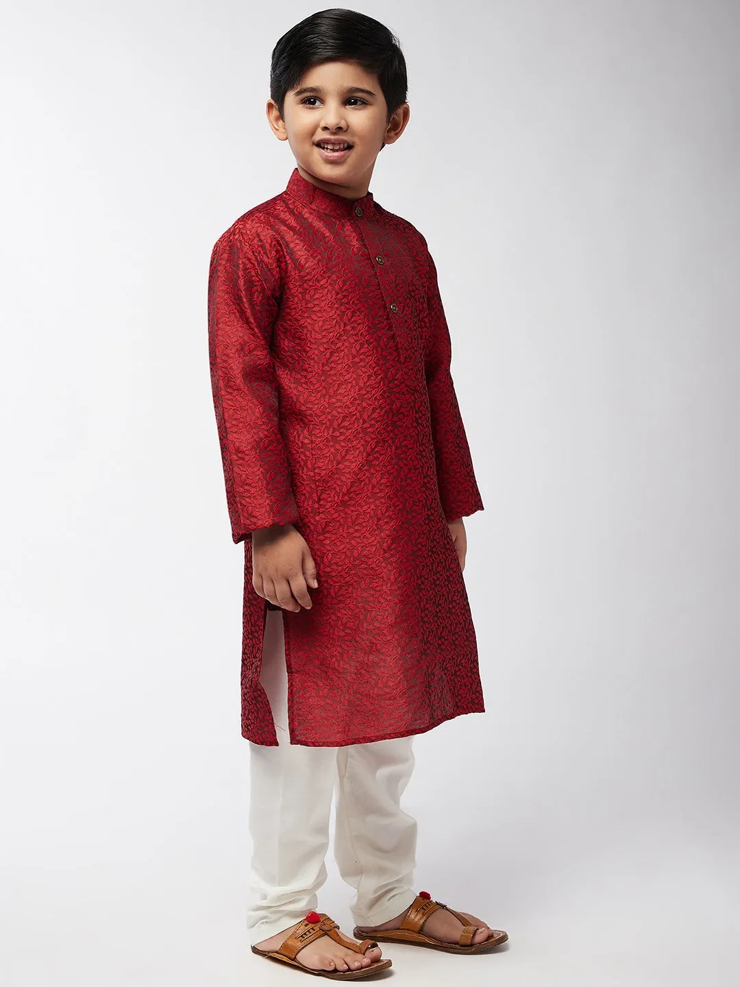 Kid's Jacquard Silk Maroon Self Design Kurta & Off-White Churidar Pyjama Set  - Sojanya KID