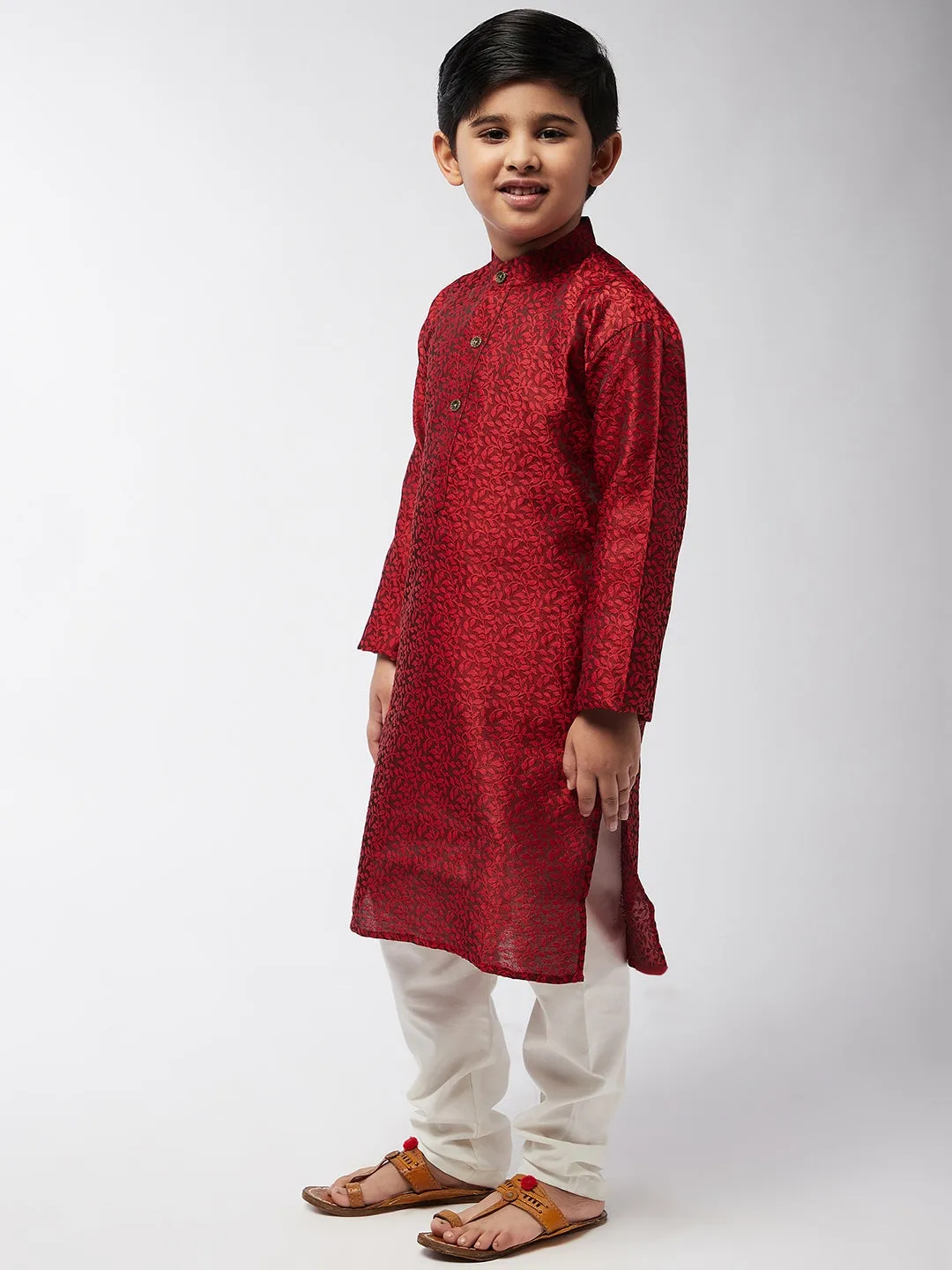 Kid's Jacquard Silk Maroon Self Design Kurta & Off-White Churidar Pyjama Set  - Sojanya KID