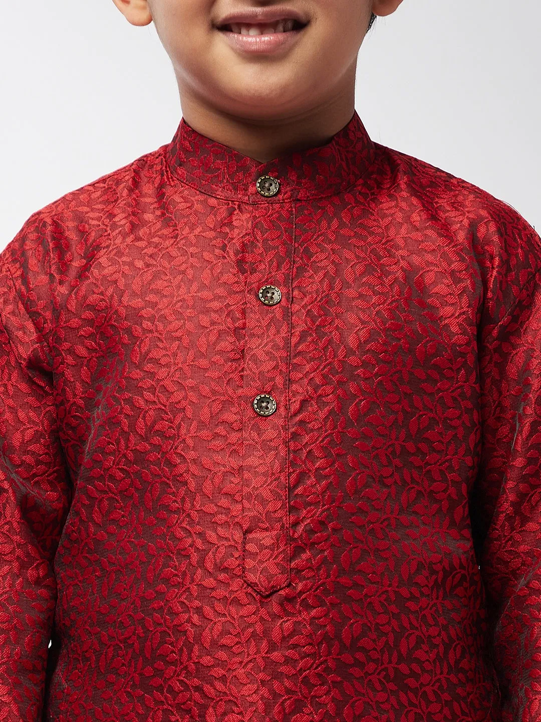 Kid's Jacquard Silk Maroon Self Design Kurta & Off-White Churidar Pyjama Set  - Sojanya KID