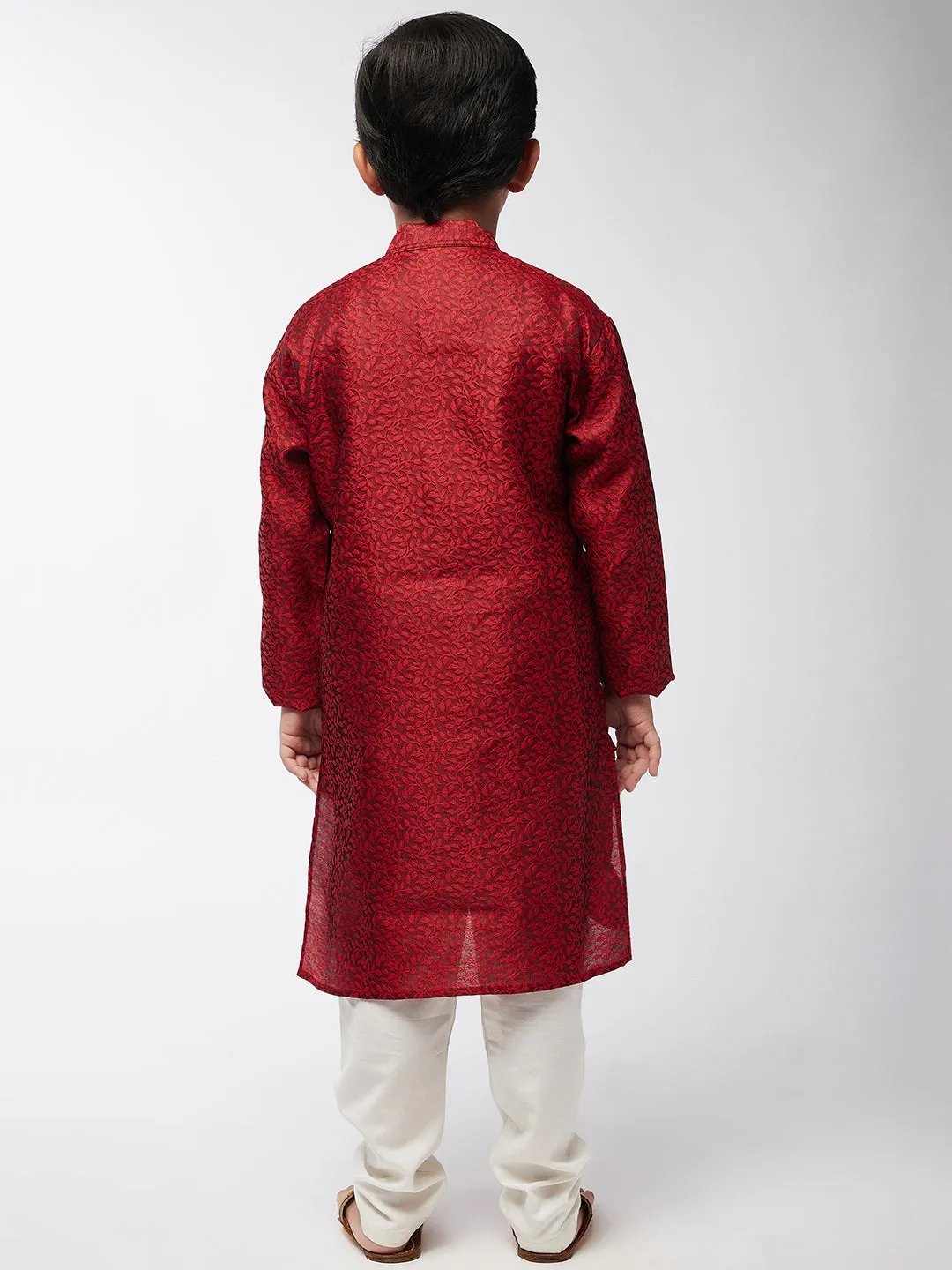 Kid's Jacquard Silk Maroon Self Design Kurta & Off-White Churidar Pyjama Set  - Sojanya KID