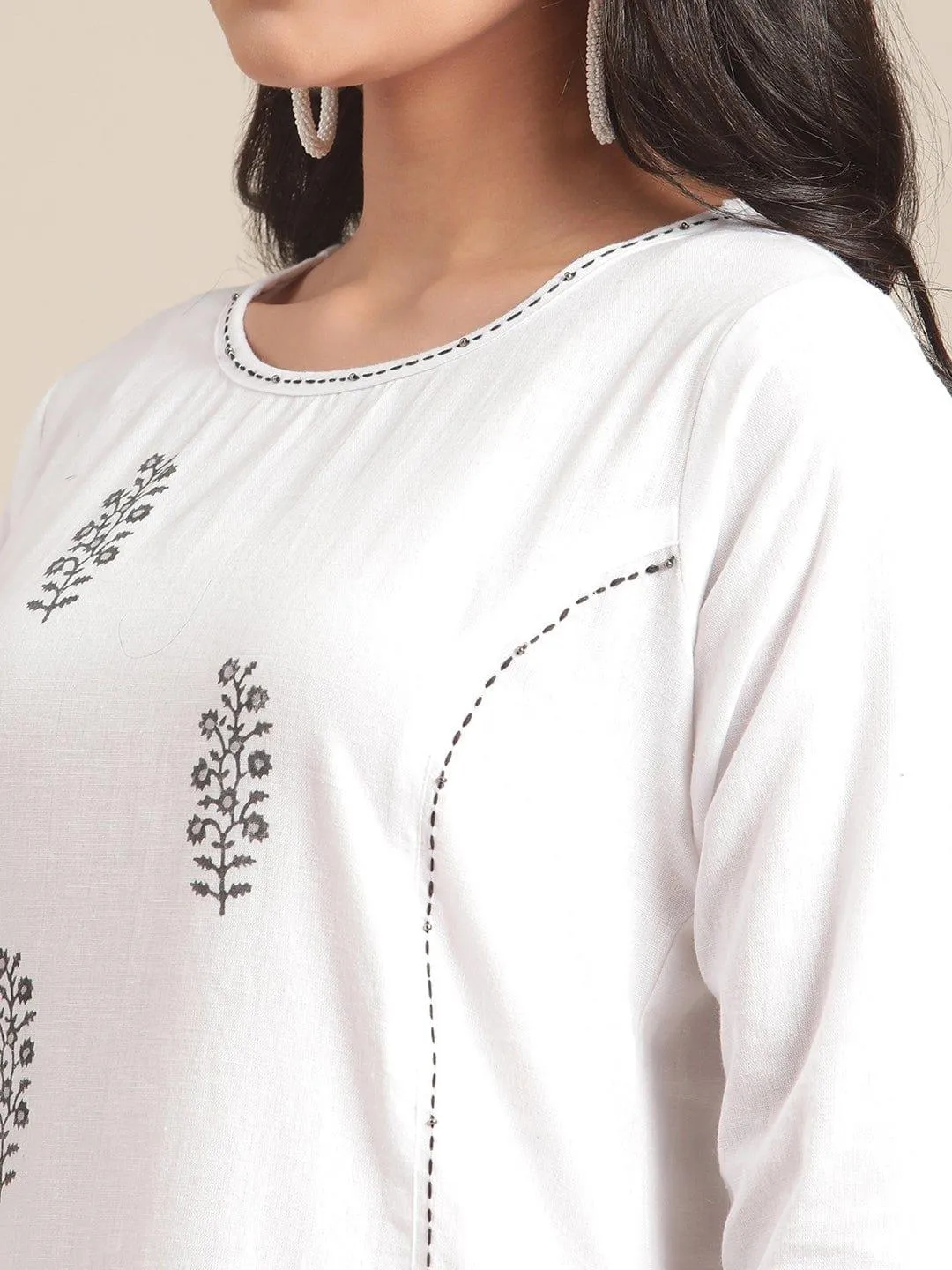 KSUT White & Black Ethnic Motifs Block Printed & Kantha Work Kurta with Trousers