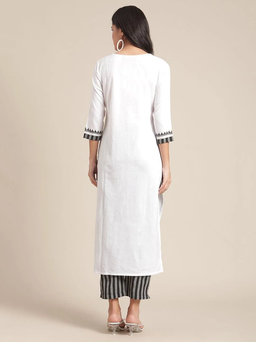 KSUT White & Black Ethnic Motifs Block Printed & Kantha Work Kurta with Trousers