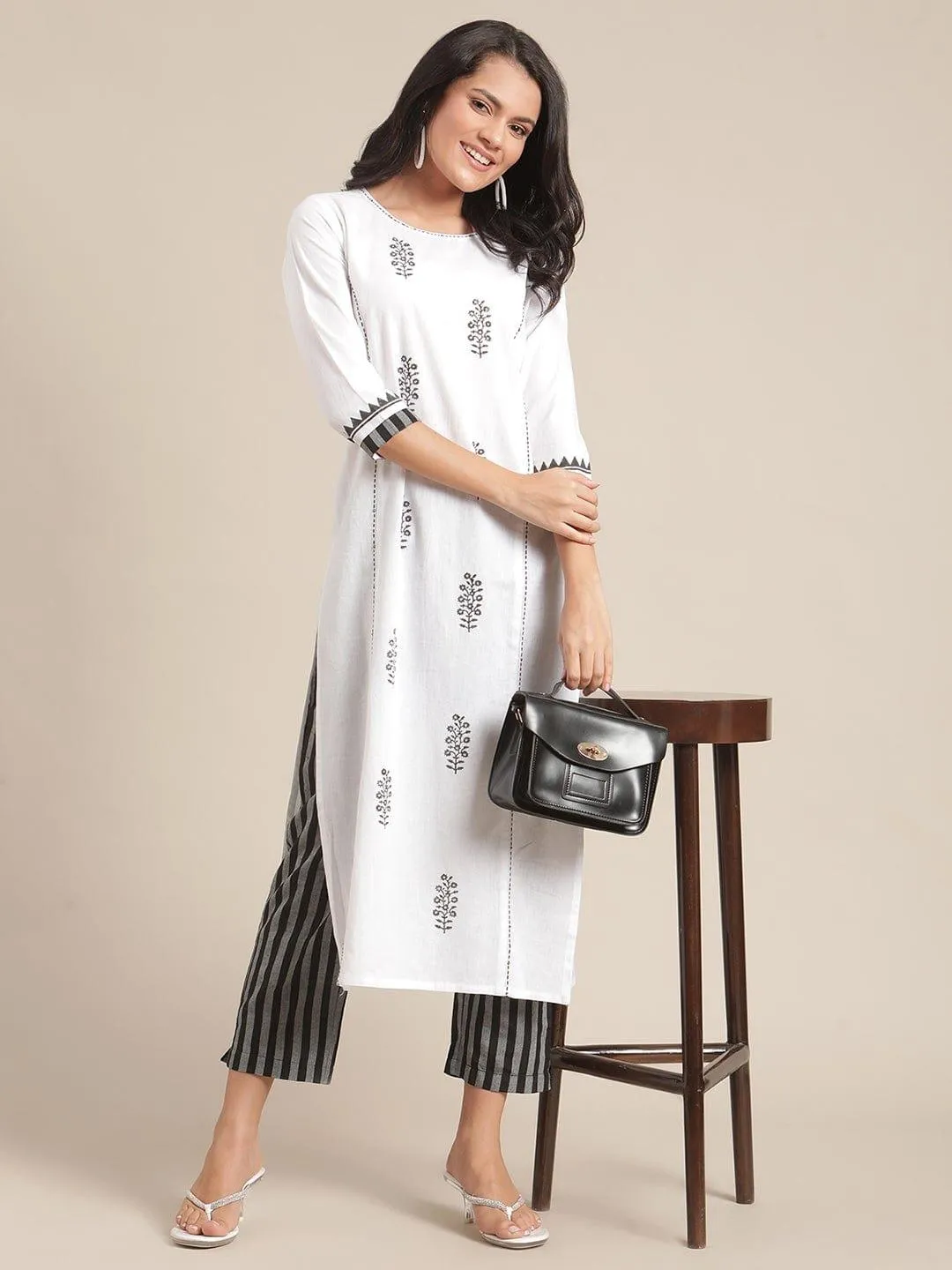 KSUT White & Black Ethnic Motifs Block Printed & Kantha Work Kurta with Trousers