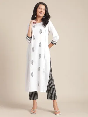 KSUT White & Black Ethnic Motifs Block Printed & Kantha Work Kurta with Trousers