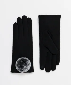 Ladies Black Touchscreen Gloves with Large Pom Pom