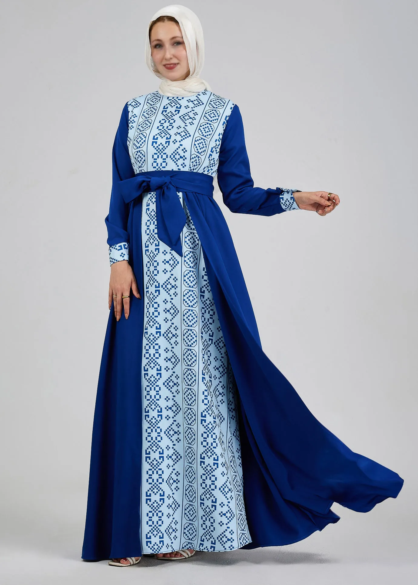 Lina Azure Mosaic Embroidered Crepe Maxi Dress